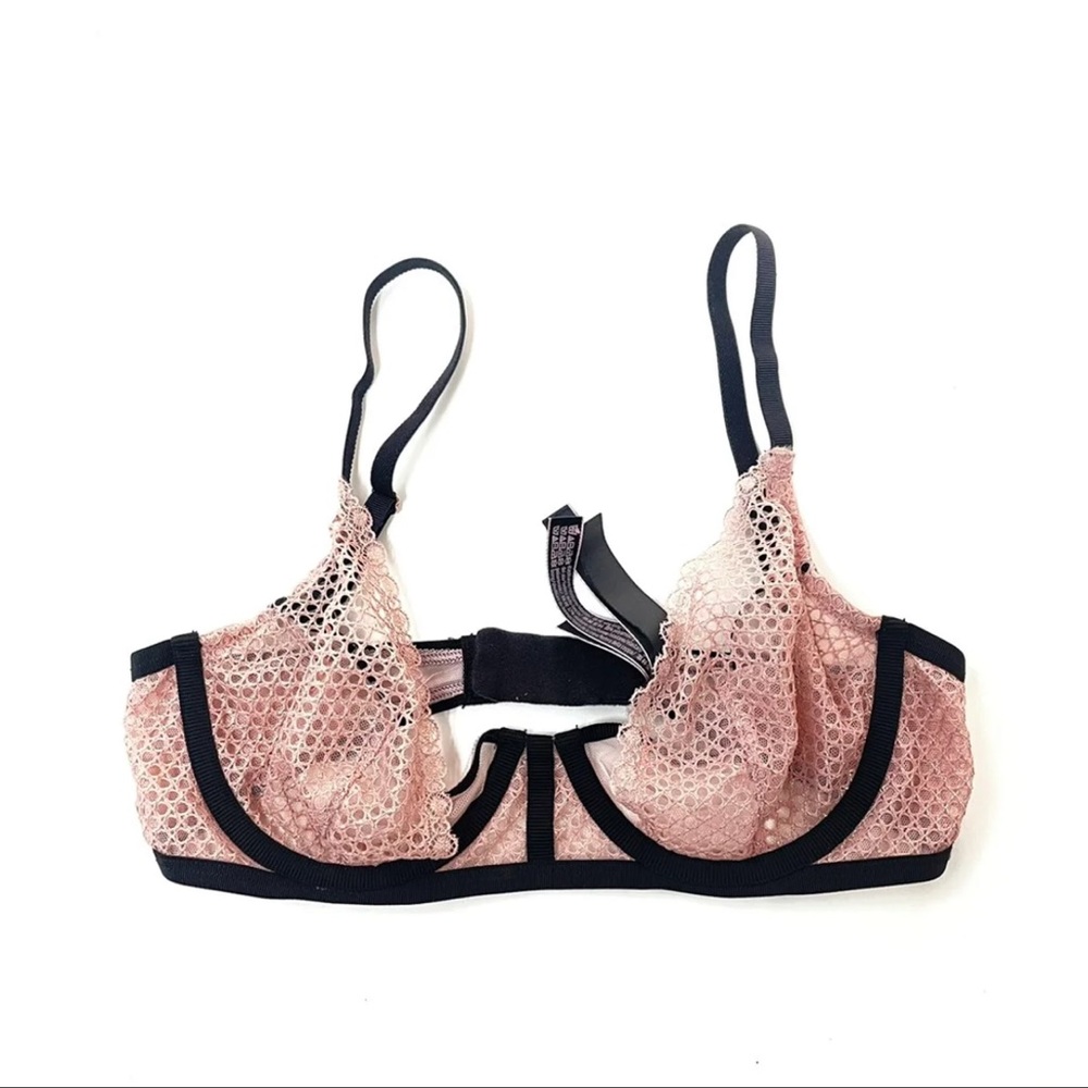 Victorias Secret Bra 32B Unlined Demi Black Pink Underwire Mesh Sheer